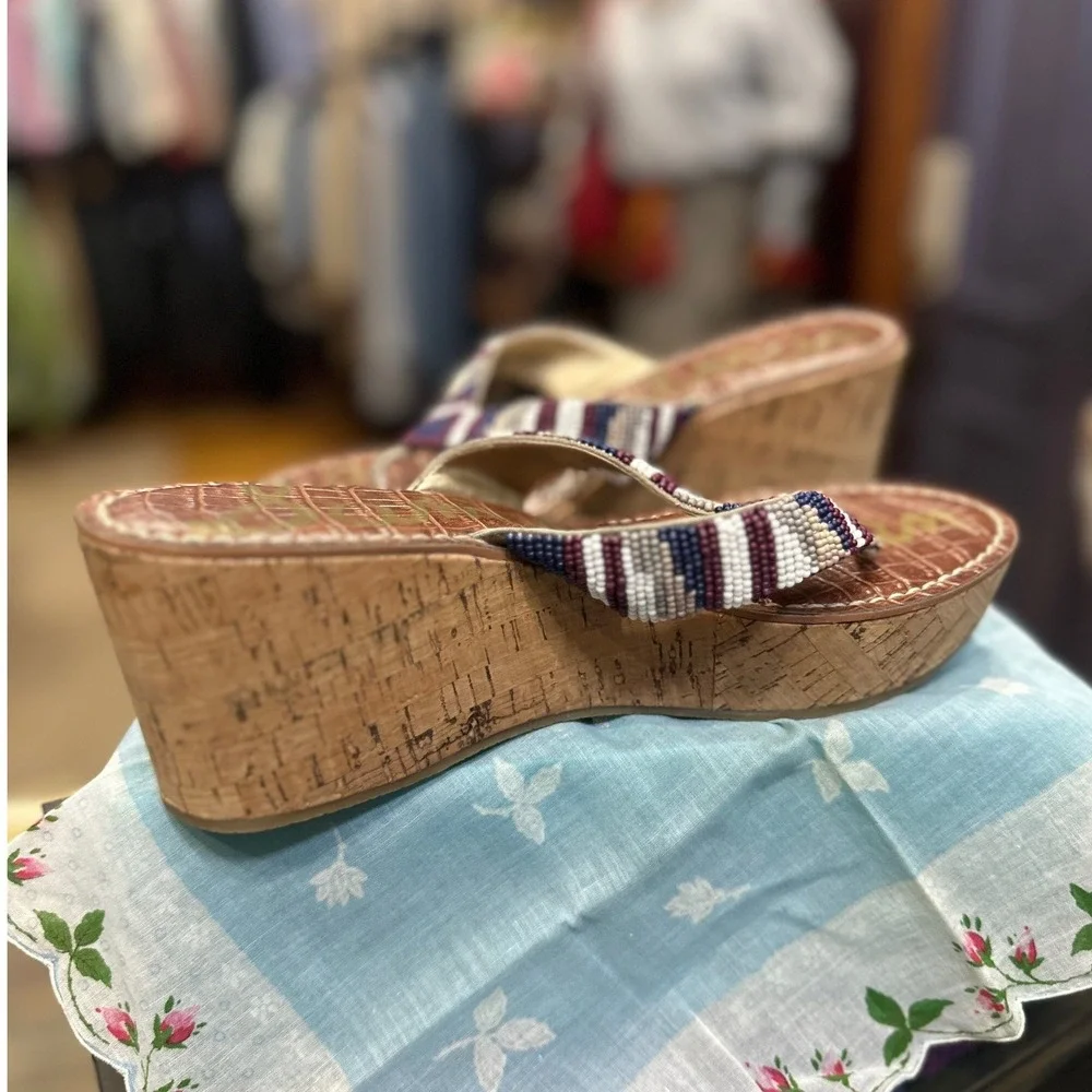 Sam Edelman Rosa Beaded Wedge Sandals Brown Croc Cork Platform Womens 8.5
